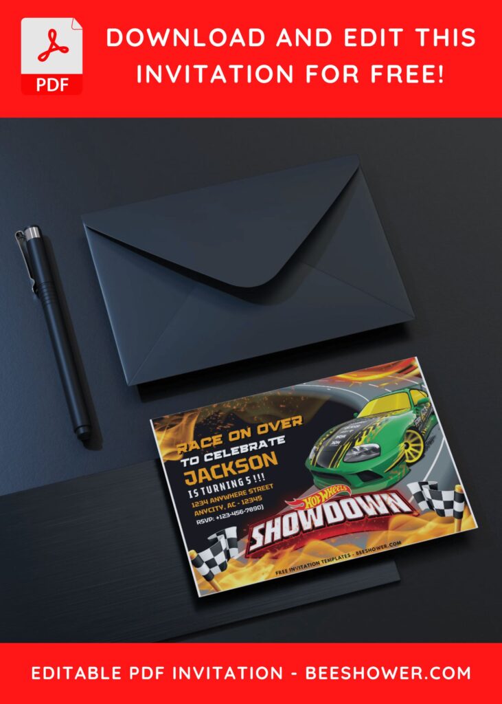 1 19 - Downloadable (Free PDF Invitation) Fiery Hot Wheels Race Theme Birthday Invitation - Template No. 42