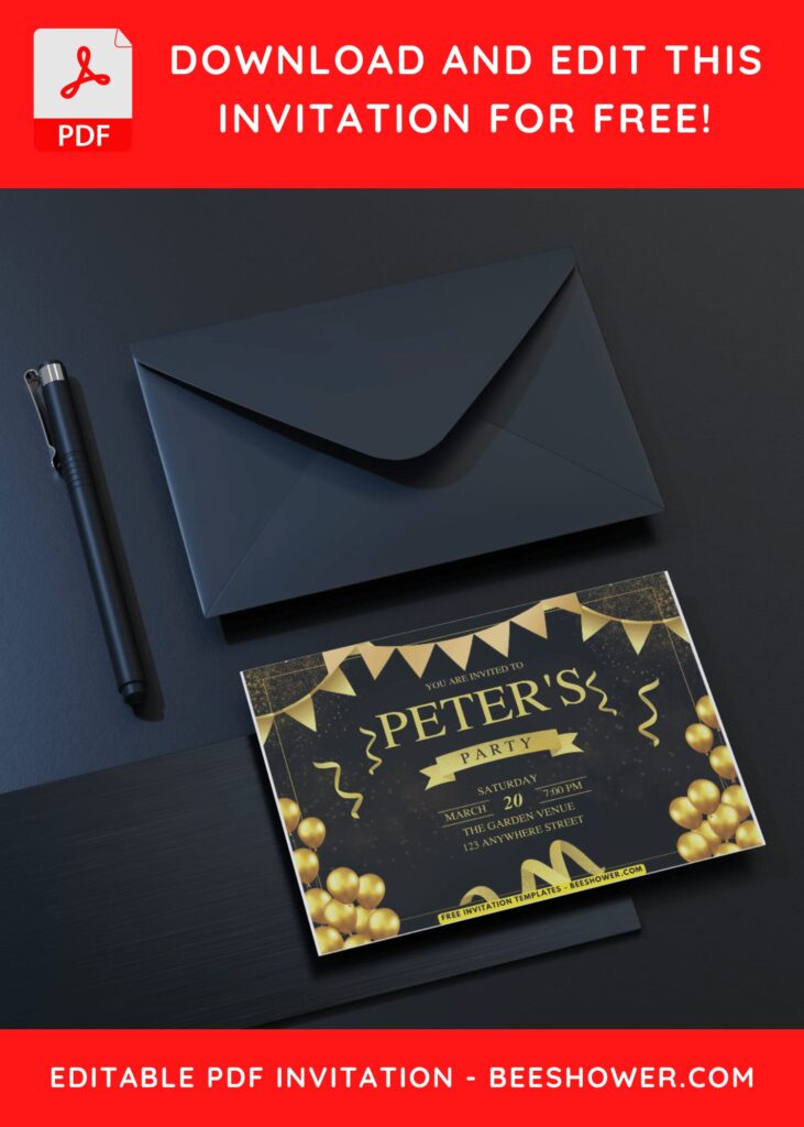 Gold Balloon Birthday Invitation with editable text