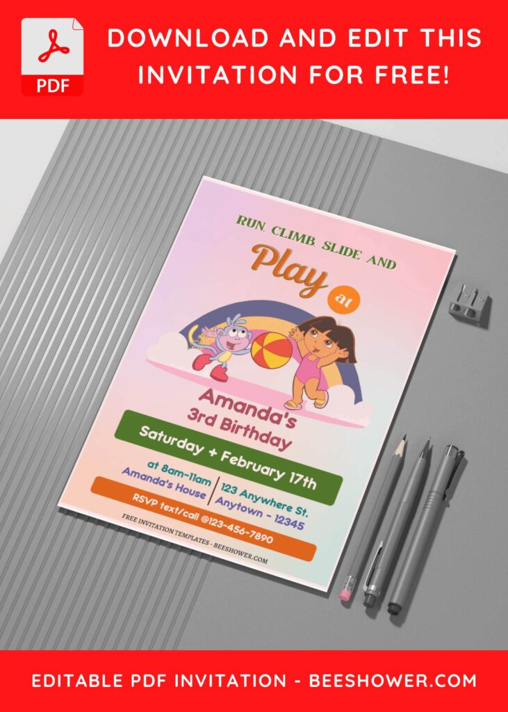 1 40 - Downloadable (Free PDF Invitation) Pastel Rainbow Dora Birthday Invitation - Template No. 54