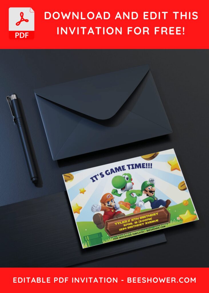 1 5 - Downloadable (Free PDF Invitation) Super Mario Sunburst Baby Shower Invitation - Template No. 42