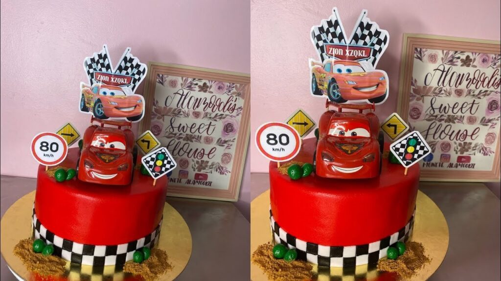 Disney Cars Cake Design with checkered flag and Lightning McQueen cake toppers