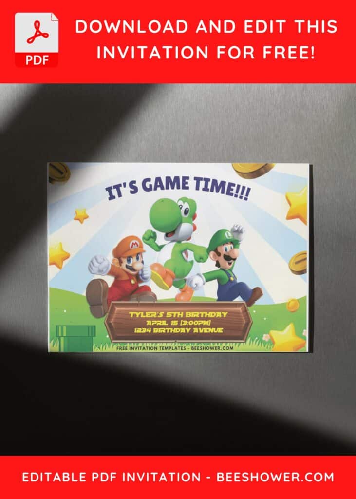 2 5 - Downloadable (Free PDF Invitation) Super Mario Sunburst Baby Shower Invitation - Template No. 40