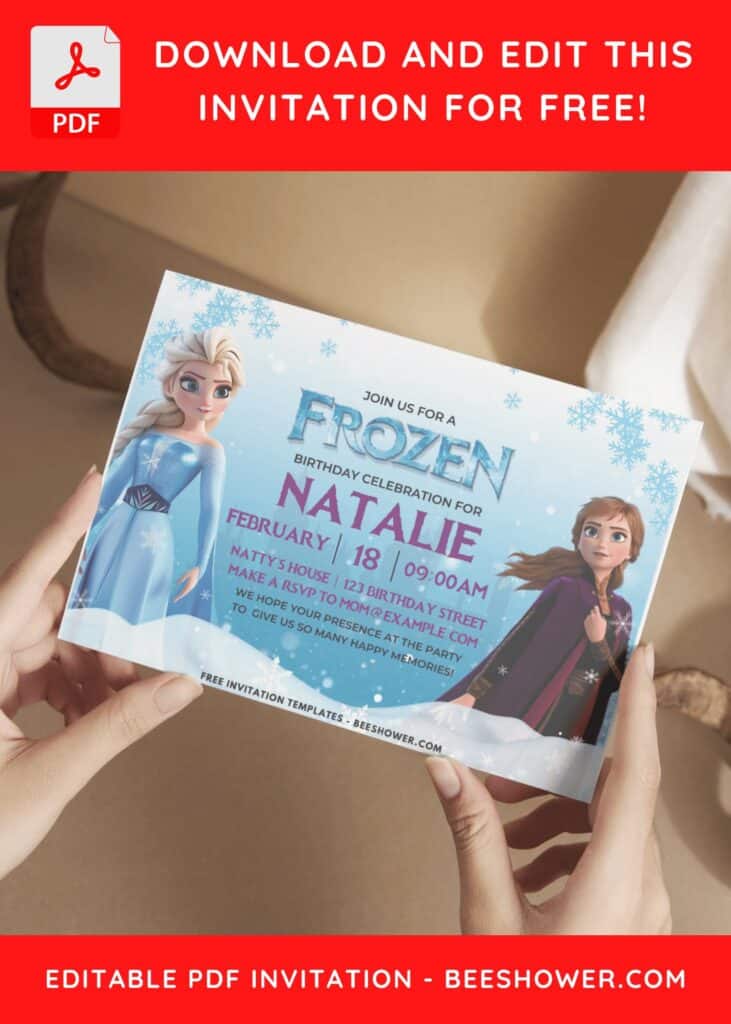 Frozen Theme Birthday Invitation with Elsa in sparkling white dress