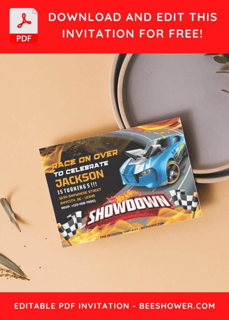 4 19 - Downloadable (Free PDF Invitation) Fiery Hot Wheels Race Theme Birthday Invitation - Template No. 34