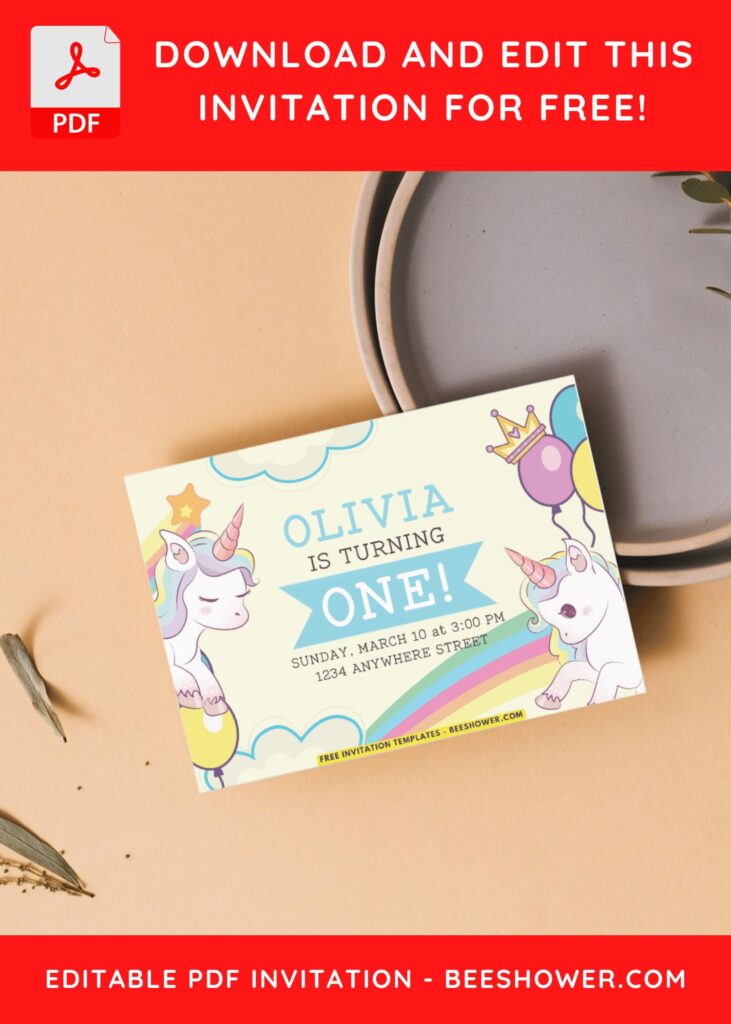 4 21 - Downloadable (Free PDF Invitation) Rainbow Unicorn Birthday Invitation - Template No. 64