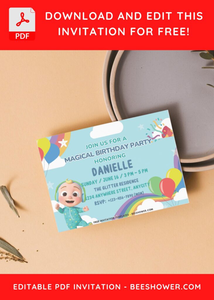 Rainbow Cloud Cocomelon Baby Shower Invitation with editable text