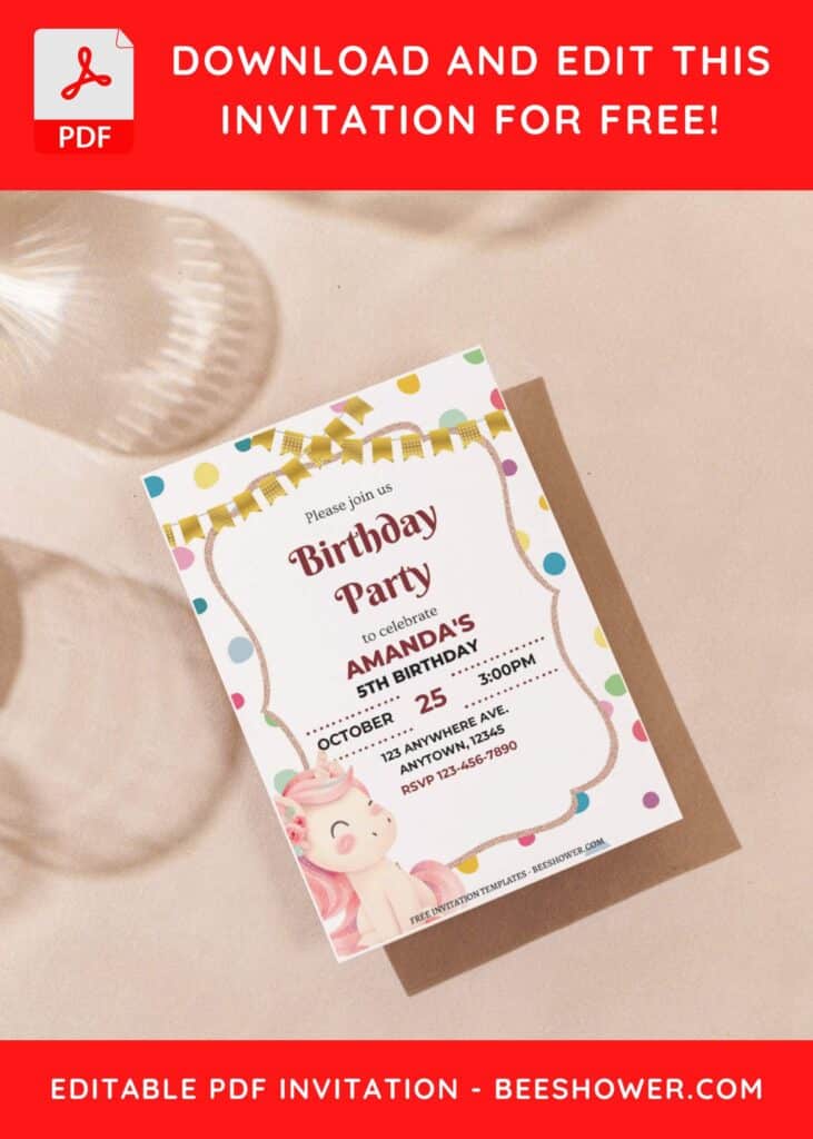 4 42 - Downloadable (Free PDF Invitation) Polka Dot Unicorn Birthday Invitation - Template No. 44