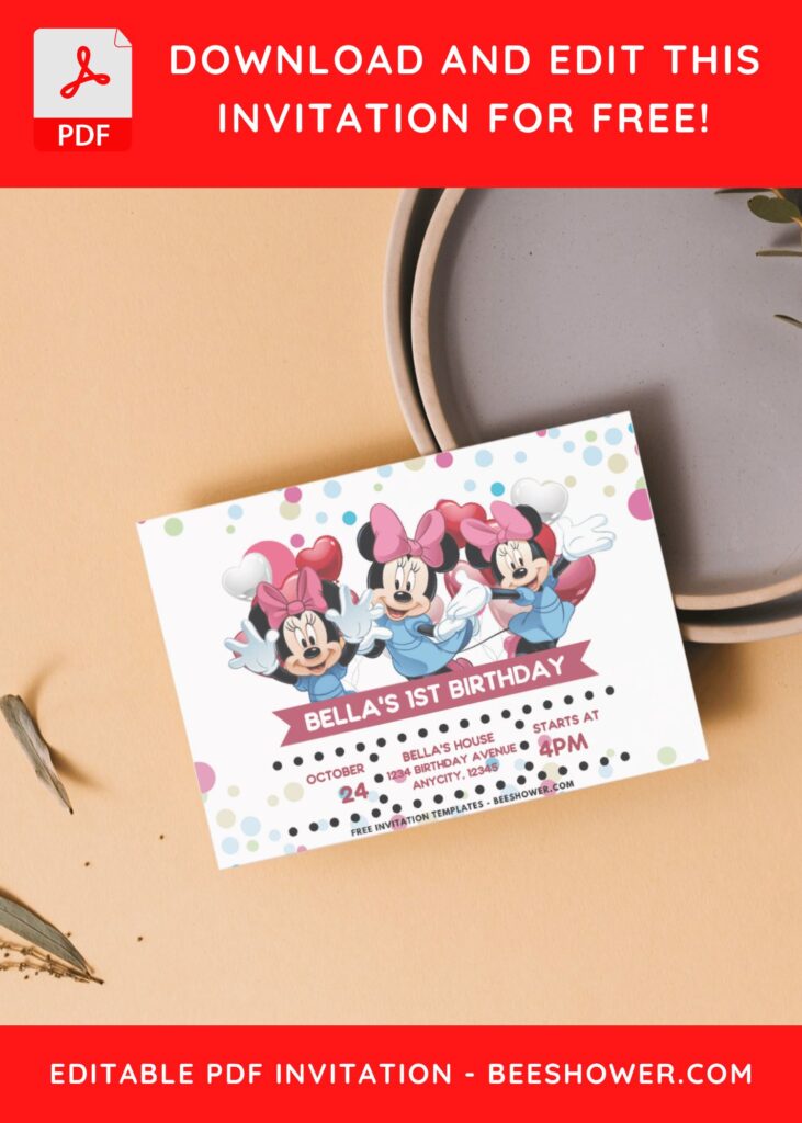 Minnie Mouse Birthday Invitation with polka dot background