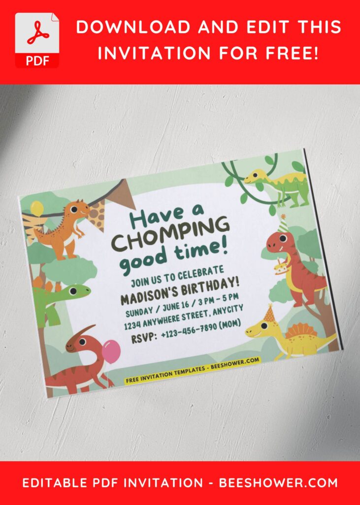 5 14 - Downloadable (Free PDF Invitation) Stomp Chomp Dinosaur Baby Shower Invitation - Template No. 34