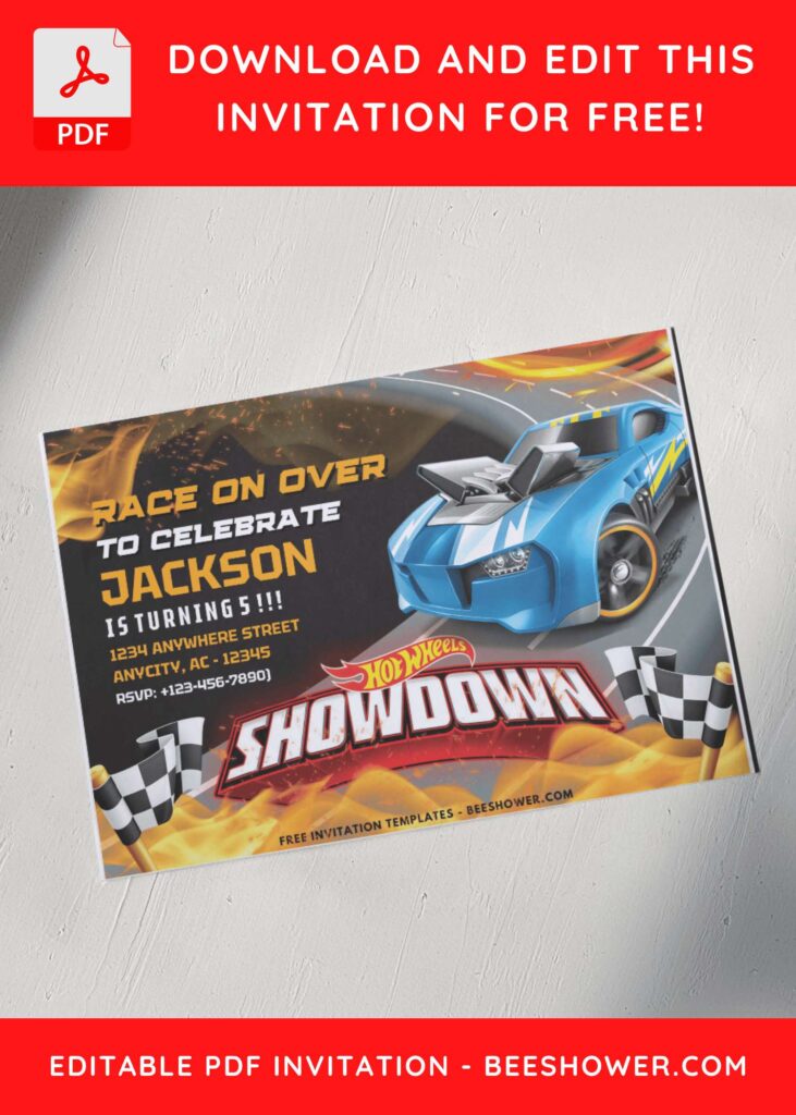 5 19 - Downloadable (Free PDF Invitation) Fiery Hot Wheels Race Theme Birthday Invitation - Template No. 32