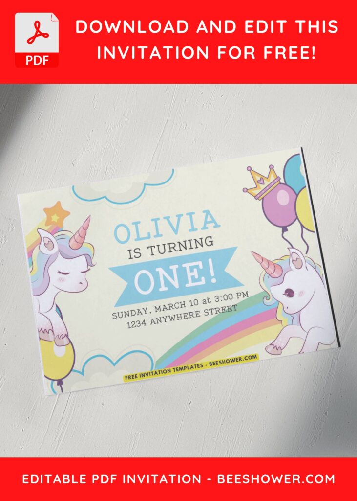 5 21 - Downloadable (Free PDF Invitation) Pastel Rainbow Unicorn Baby Shower Invitation - Template No. 32