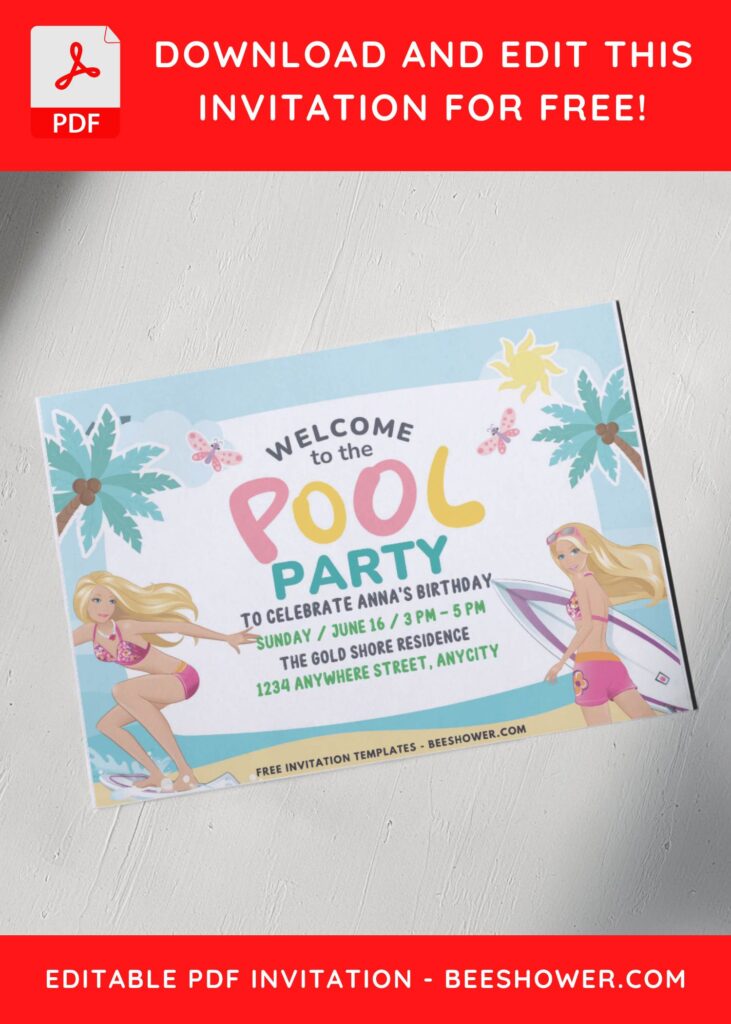 Barbie Pool Birthday Party Invitation with Surfboard