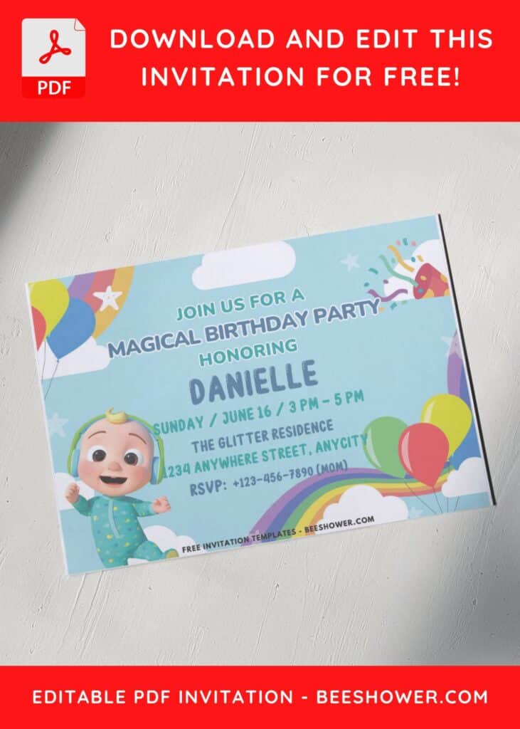 Rainbow Cloud Cocomelon Baby Shower Invitation with JJ in pajama