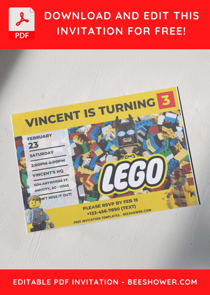 Lego Mini Figure Birthday Invitation with Lego Firefighter