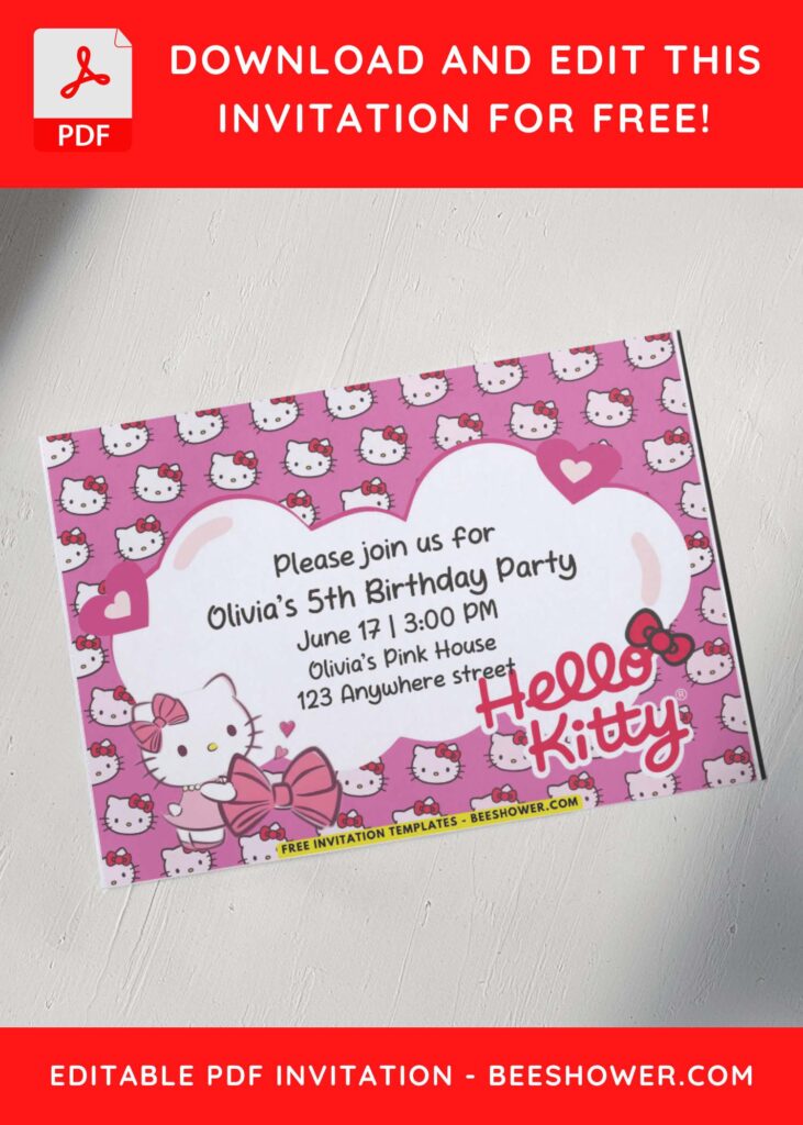 Pink Hello Kitty Baby Shower Invitation with adorable Hello kitty and her pink ribbon