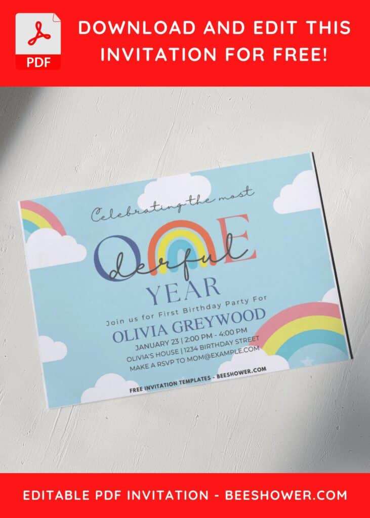 1st Onederful Birthday Invitation with pastel rainbow