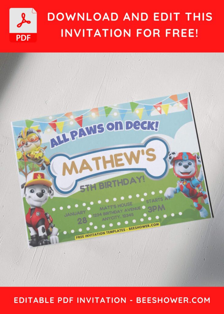 5 4 - Downloadable (Free PDF Invitation) PAW Patrol PAWTY Birthday Invitation - Template No. 54