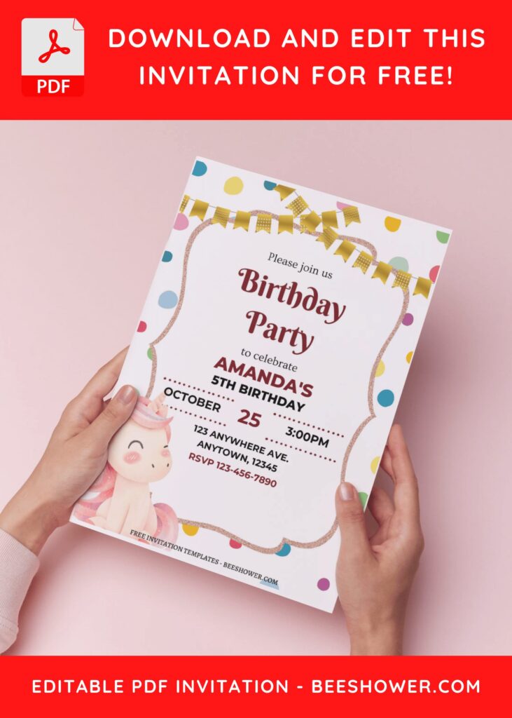 5 42 - Downloadable (Free PDF Invitation) Polka Dot Unicorn Birthday Invitation - Template No. 52