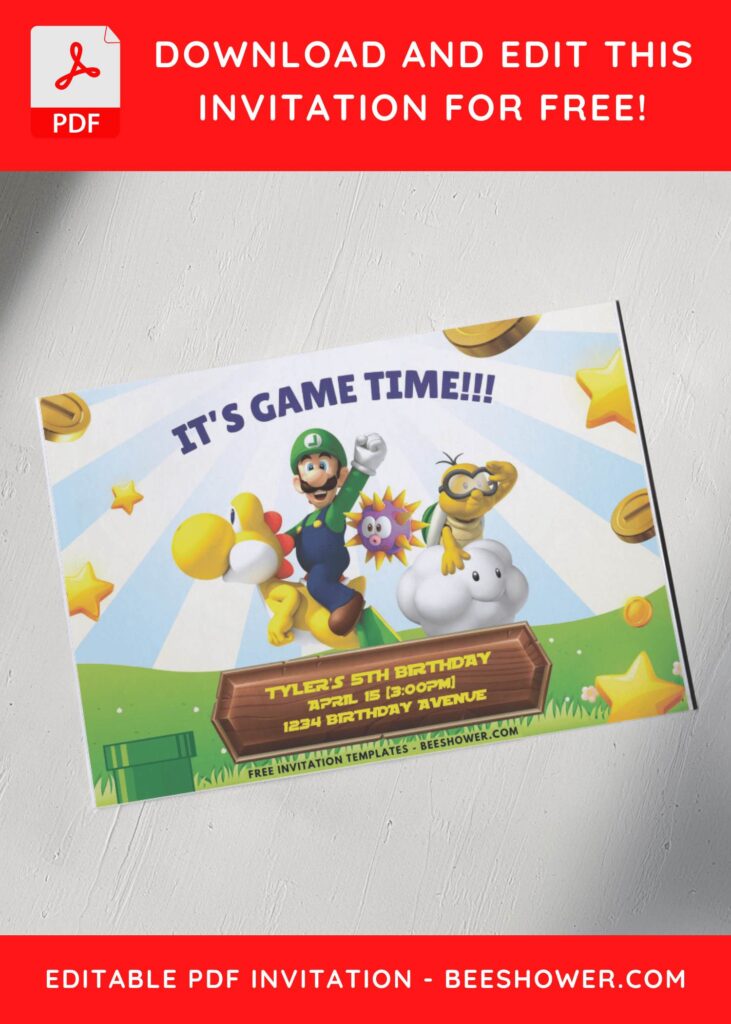 5 5 - Downloadable (Free PDF Invitation) Super Mario Sunburst Baby Shower Invitation - Template No. 34