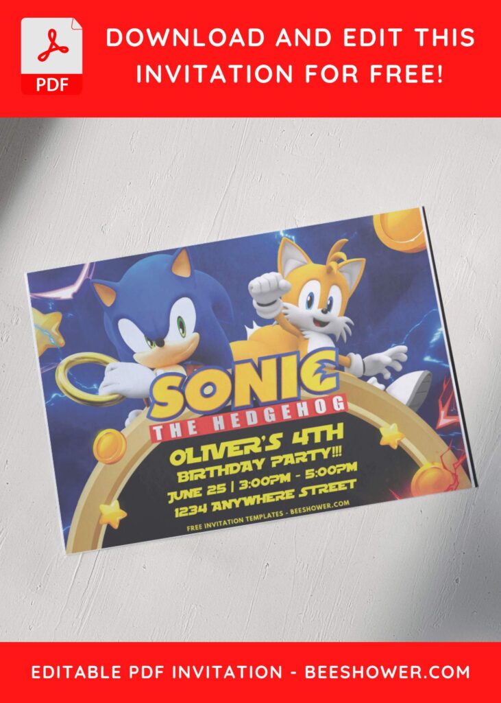 5 6 - Downloadable (Free PDF Invitation) Lightning Burst Sonic Hedgehog Baby Shower Invitation - Template No. 34