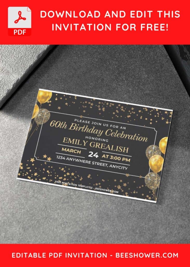 6 10 - Downloadable (Free PDF Invitation) Fancy Gold 60 Birthday Invitation - Template No. 42