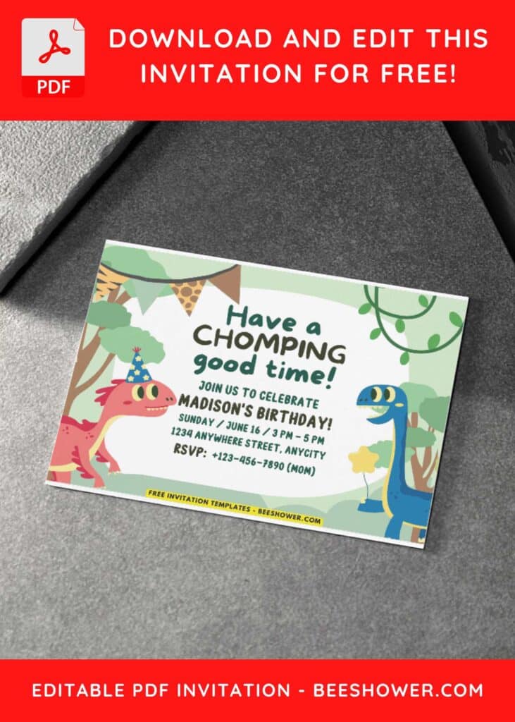 6 14 - Downloadable (Free PDF Invitation) Stomp Chomp Dinosaur Baby Shower Invitation - Template No. 32