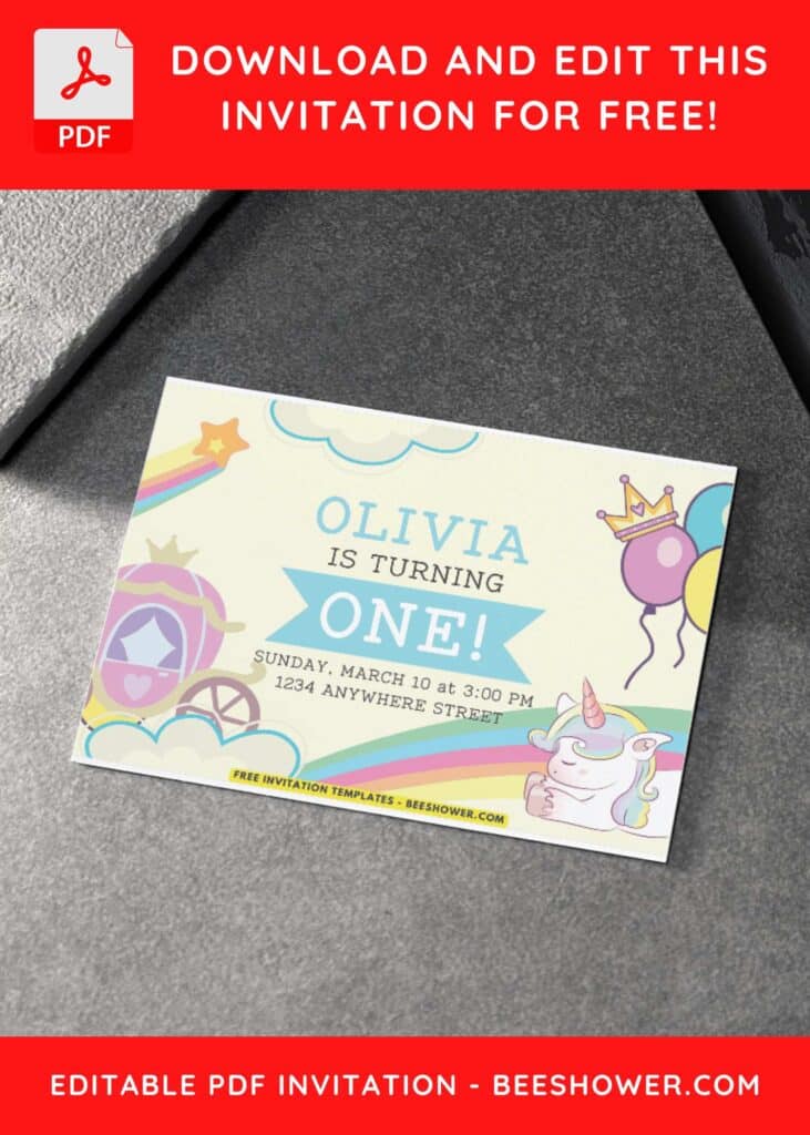 6 21 - Downloadable (Free PDF Invitation) Pastel Rainbow Unicorn Baby Shower Invitation - Template No. 30