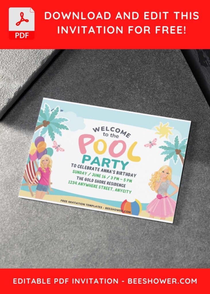 Barbie Pool Birthday Party Invitation with coconut tree