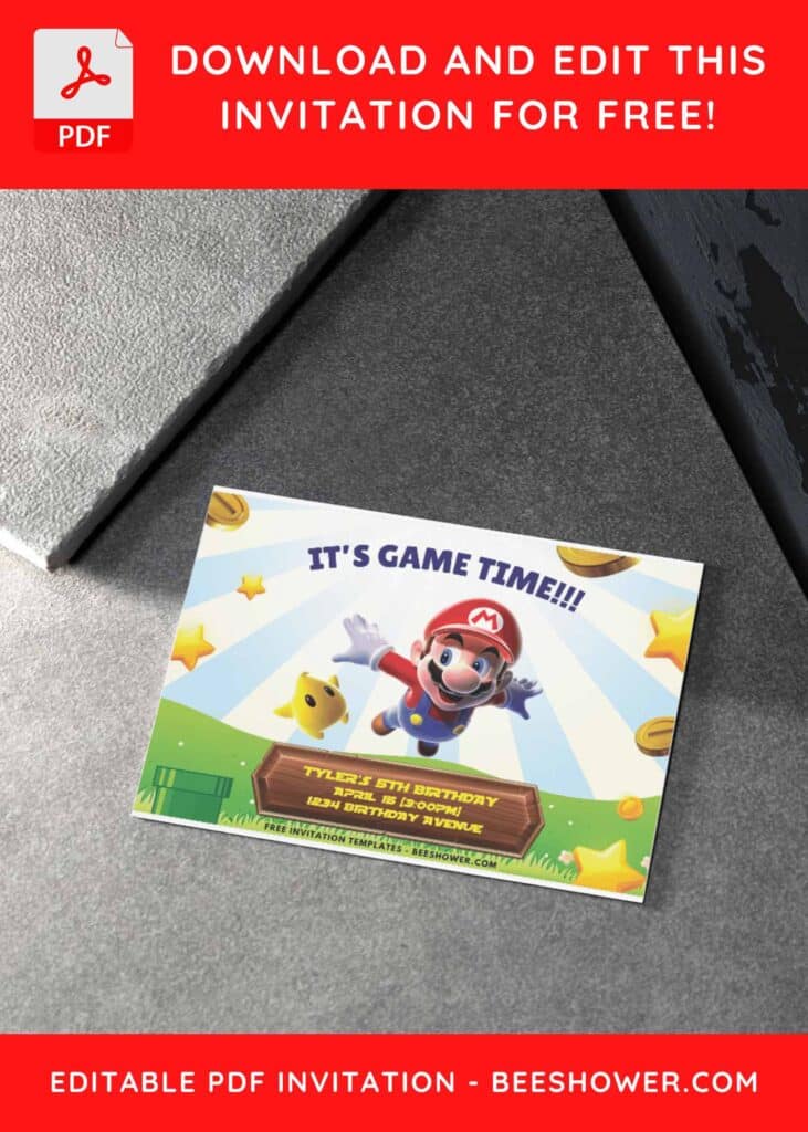 6 5 - Downloadable (Free PDF Invitation) Super Mario Sunburst Baby Shower Invitation - Template No. 32