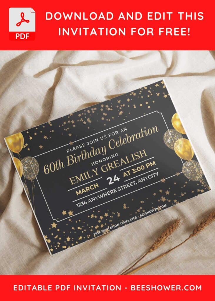 7 10 - Downloadable (Free PDF Invitation) Fancy Gold 60 Birthday Invitation - Template No. 38