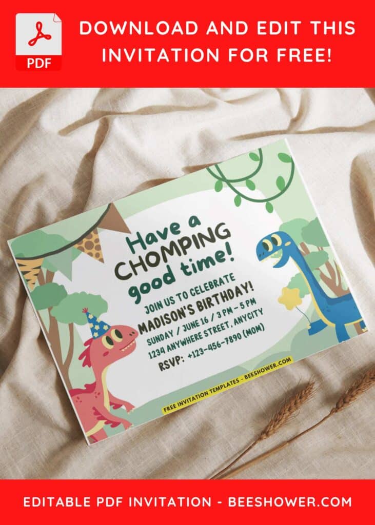 7 14 - Downloadable (Free PDF Invitation) Stomp Chomp Dinosaur Baby Shower Invitation - Template No. 28