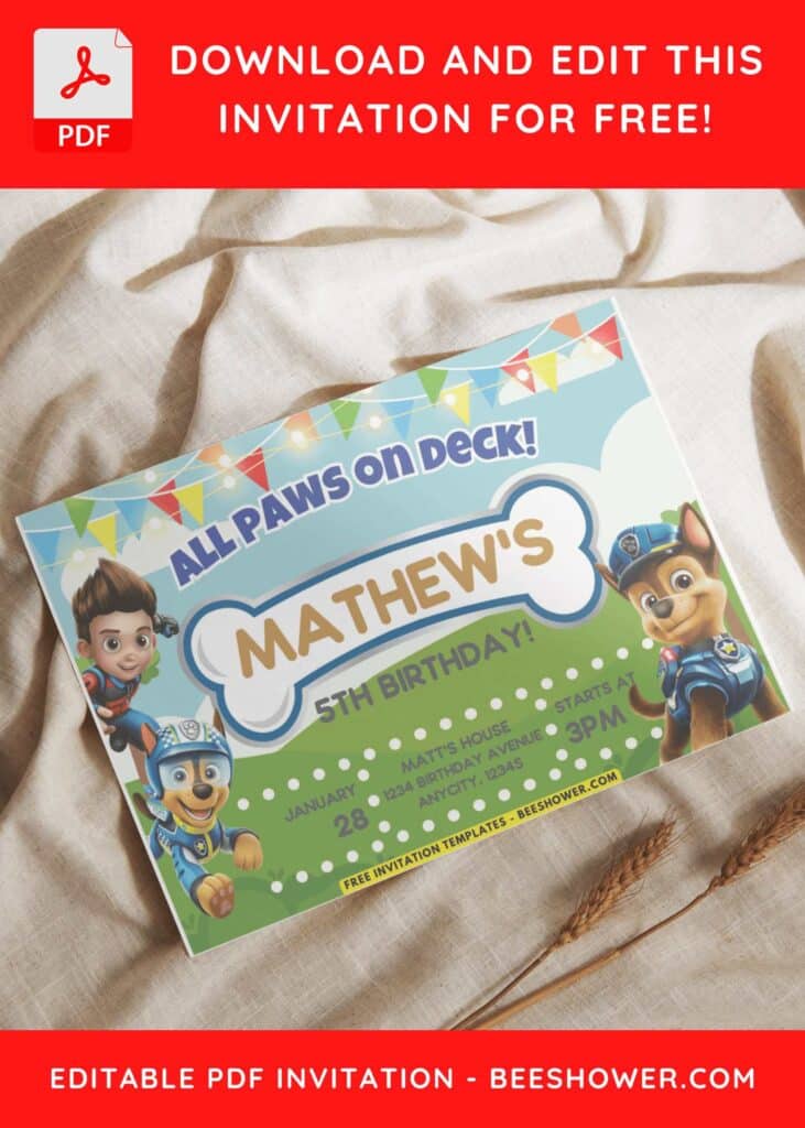 7 4 - Downloadable (Free PDF Invitation) PAW Patrol PAWTY Birthday Invitation - Template No. 52