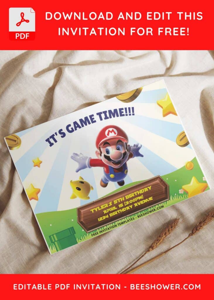 7 5 - Downloadable (Free PDF Invitation) Super Mario Sunburst Baby Shower Invitation - Template No. 30