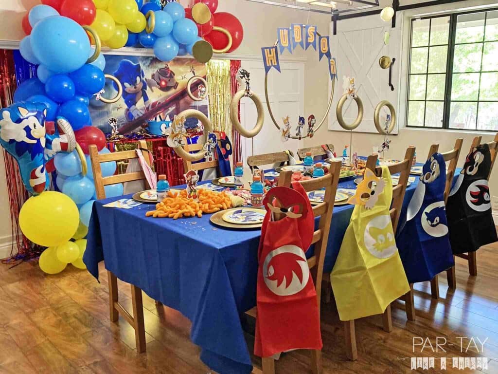 Sonic the Hedgehog Birthday Party Table with blue tablecloth