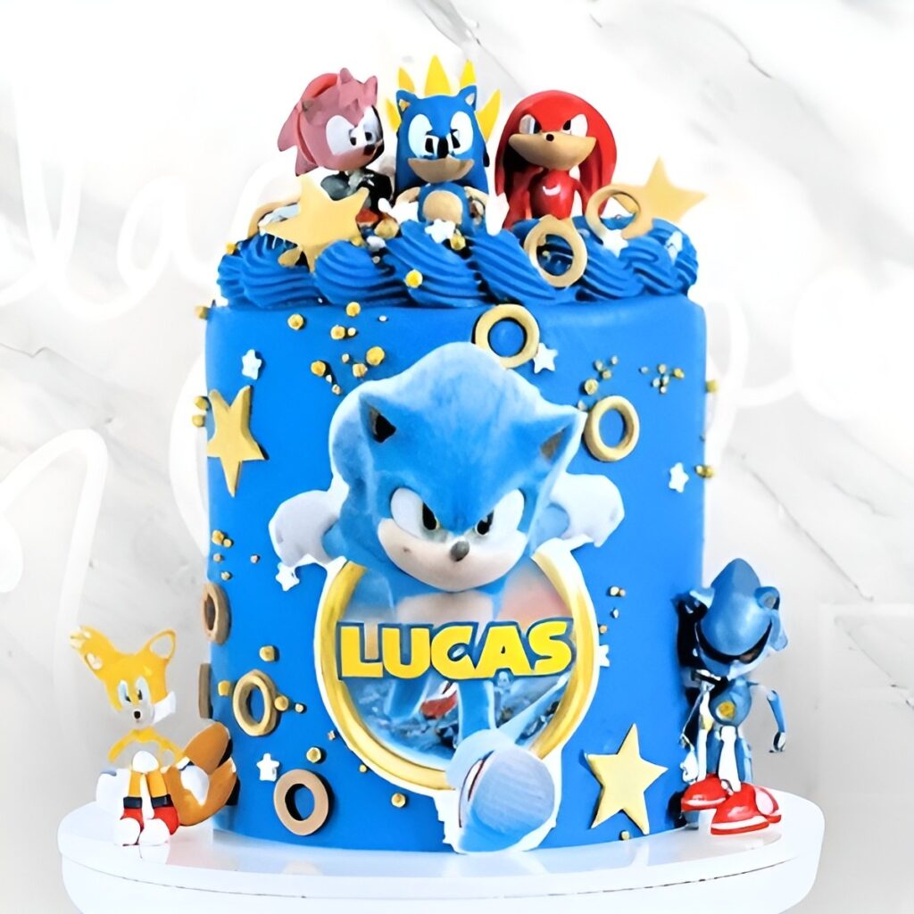 Blue Sonic The Hedgehog Cake with edible fondant Sonic, Knuckle and Amy Rose Toppers