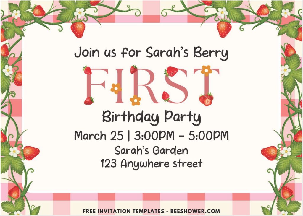 Berry Sweet First Birthday Invitation with pink gingham background