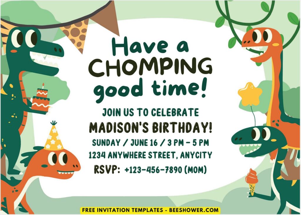 Dinosaur A - Downloadable (Free PDF Invitation) Stomp Chomp Dinosaur Birthday Invitation - Template No. 62