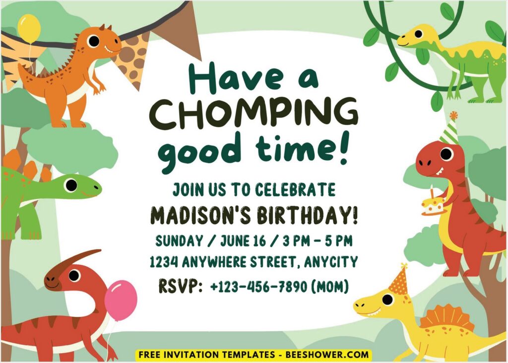 Dinosaur B - Downloadable (Free PDF Invitation) Stomp Chomp Dinosaur Birthday Invitation - Template No. 60