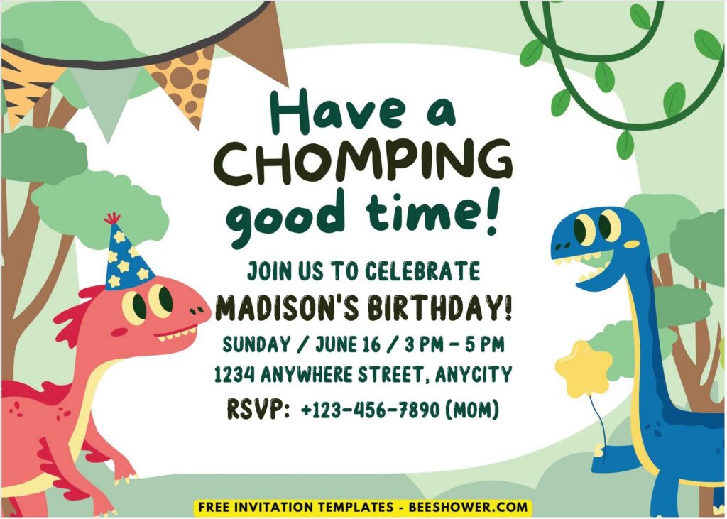 Dinosaur C - Downloadable (Free PDF Invitation) Stomp Chomp Dinosaur Baby Shower Invitation - Template No. 22