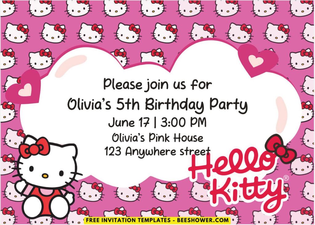 Pink Hello Kitty Baby Shower Invitation with cute Hello Kitty pattern