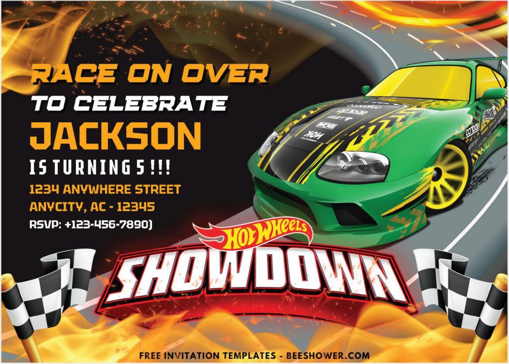 Hot Wheels A - Downloadable (Free PDF Invitation) Fiery Hot Wheels Race Theme Birthday Invitation - Template No. 22