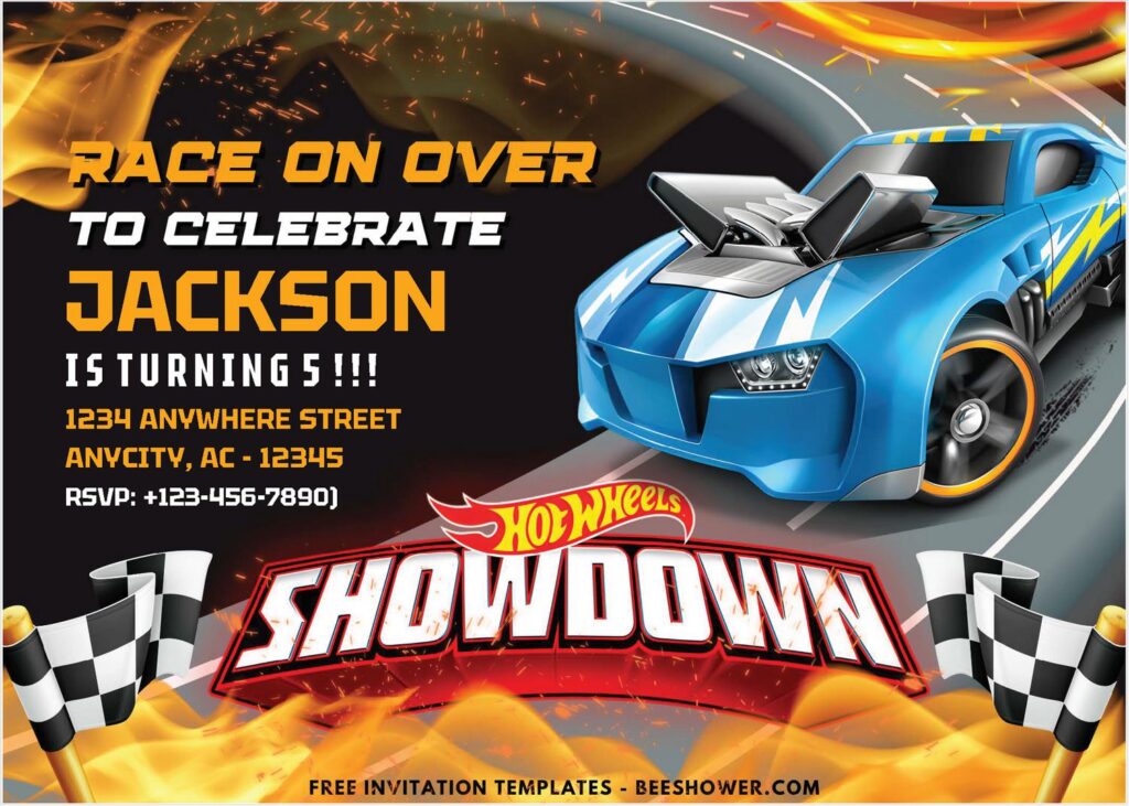 Hot Wheels B - Downloadable (Free PDF Invitation) Fiery Hot Wheels Race Theme Birthday Invitation - Template No. 26