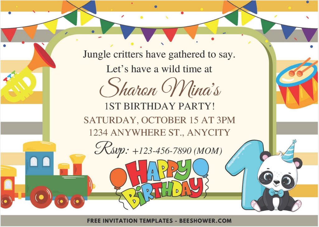 Jungle First C - Downloadable (Free PDF Invitation) Animal Parade Birthday Invitation - Template No. 35