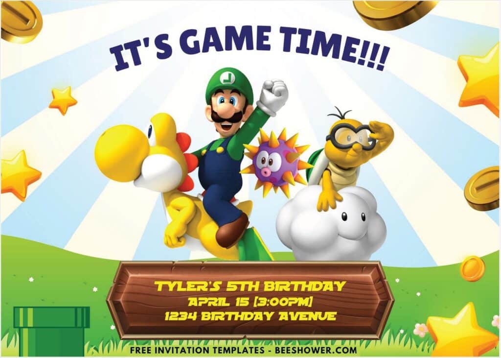 Mario Luigi and Yoshi Super Mario Birthday Invitation Templates