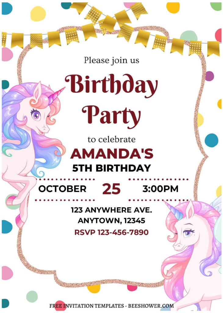 Unicorn A 1 - Downloadable (Free PDF Invitation) Polka Dot Unicorn Birthday Invitation - Template No. 42