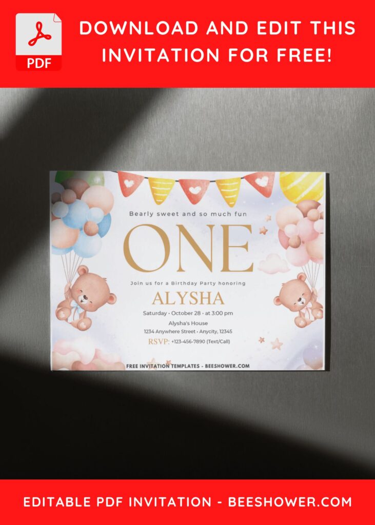 First Birthday Invitation With Teddy Bear Holding Balloons