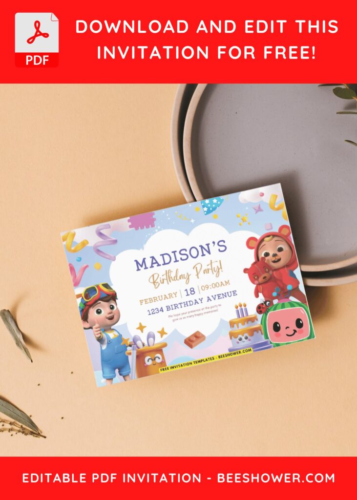 Cocomelon Birthday Invitation With JJ In Bear Suit