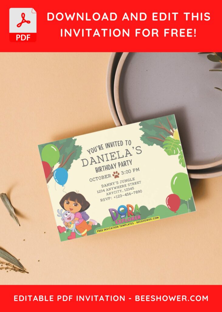 Dora birthday invitation with colorful balloons