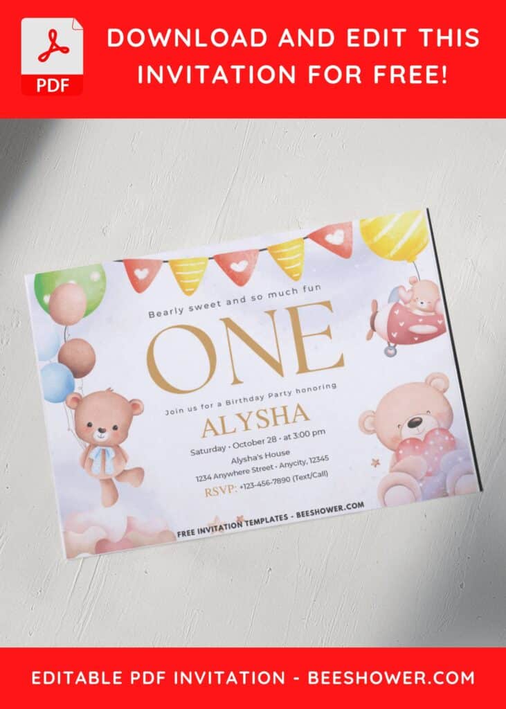 Teddy Bear Birthday Invitation With Colorful Balloons