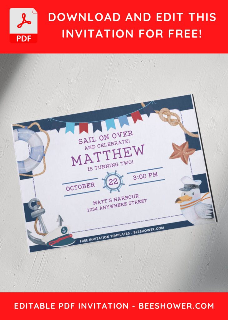 Sailor birthday invitation with ship anchor and compass